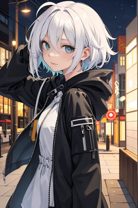 masterpiece, best quality, highres, 1girl, solo, short hair, white hair, floating hair, ahoge, hair between eyes, colored eyelashes, aqua eyes, high collar, black jacket, hooded jacket, zipper pull tab, long sleeves, sleeves past wrists, upper body, street...