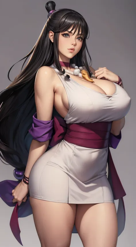 (tmasterpiece, Best quality at best:1.2), Alone, 1个Giant Breast Girl, maya fey, ssmile, looking at viewert, Half-hammerhead, hair adornments, Japanese clothes, komono, Sash, choker necklace, magatama, huge tit, Crazy swollen breasts, The breast is larger t...