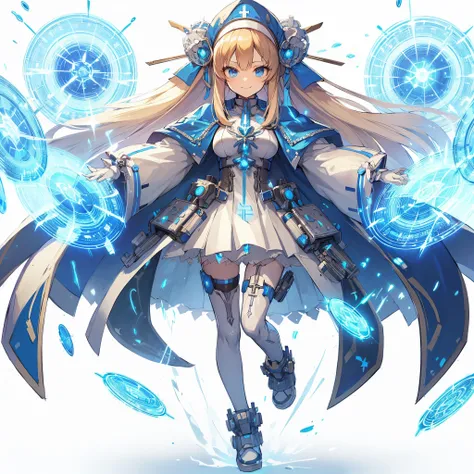 (masutepiece, of the highest quality), (Perfect athlete body: 1.2), (detailed hairs), super detailed, Anime style, Full body, Solo, Cute cyberpunk elf holy knight girl, Wearing blue nun habits, blond hair and blue eyes, Deploy many force field light shield...