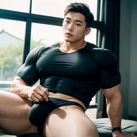 Korean Man, Sexy man, wearing a body-tight black sportswear, Bottom wearing  mans underwear, Bodybuilder, Muscular body, big muscle, Short and delicate hair, Natural eyes, 
 looking up at viewer, taned skin, big bulge, thick-thighs, Masterpiece, Best Quali...