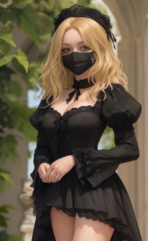 einer jungen blonden Frau mit schwarzem Kopftuch, eine schwarze Maske und ein schwarzes Kleid, blaue Augen, Sommersprossen