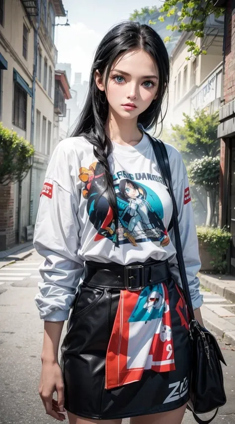 Masterpiece, 1girl, Superb Style, Urban Streetwear chothes, Outdoor, Upper Body, nico robin, blue eyes, long black  hair, cool girl