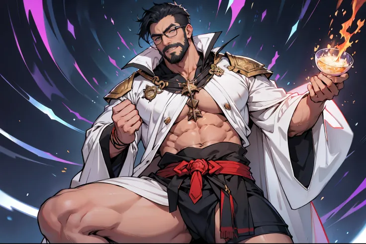 gacha ssr character,masutepiece、Best Quality、burly、muscular、thick eyebrow、eye glass、35-year-old man、Black short-haired、All Back Hair、cropped hair、Magic Chanting、holly effect,Dark Fantasy、holy wizard、Wearing an erotic white robe with luxurious decorations、m...