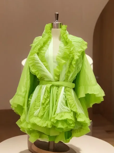 Close-up of skirt on mannequin on table, Green robe, Green robe, green outfit, Green clothes, Fantasy robes, Green cloak, wearing green robe, robe. extremly high detail, lemon green, Wearing only a green robe, feathered robe, flowing robe, clothes made of ...