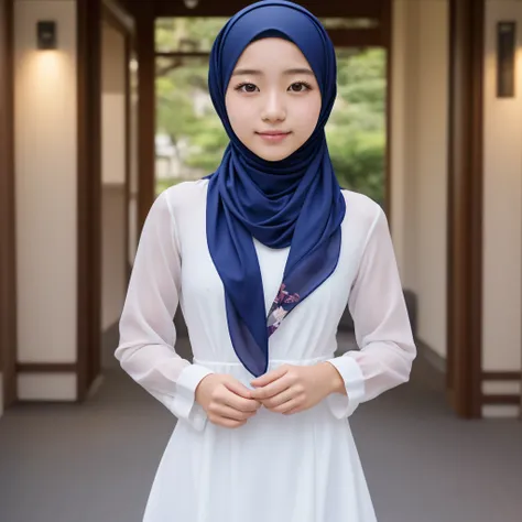 17 year old, Saori Minami, ( Ran Mouri 1.3), girl with a  white dress, wearing hijab scarf, not showing hair, cover up,  beautiful girl, masterpiece, 4k hd, 8k hd