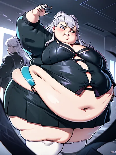 obese EvelynnAO, skirt,obese body, big butt, thick thighs, volumetric lighting, best quality, masterpiece, intricate details, tonemapping, anime style, sharp obese focus, hyper detailed, absurdres, highres, 1girl