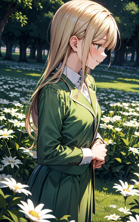 Green grass、Perfect human body、One lady、Surrounded by flowers、She wears a high school uniform、Laugh quietly、cute little、Light in the eyes、profile