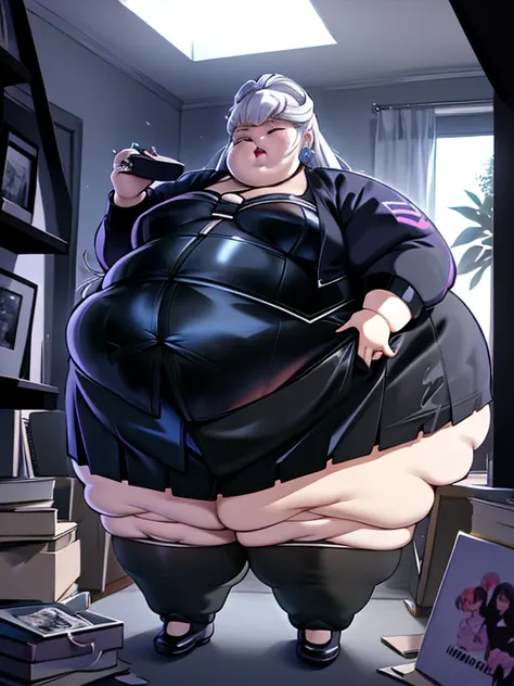 ((masterpiece)), 4K, obese EvelynnAO, skirt,obese body, big butt, thick thighs, volumetric lighting, best quality, masterpiece, intricate details, anime style, sharp obese focus, dark room, sleep, sexy obese girl,  hyper detailed, absurdres, highres, 1girl