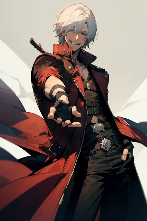 (masterpiece, best quality:1.2), cowboy shot, solo, male focus, 1boy, dante, smile, looking at viewer, white hair, open clothes, coat, (fingerless gloves:1.1), belt