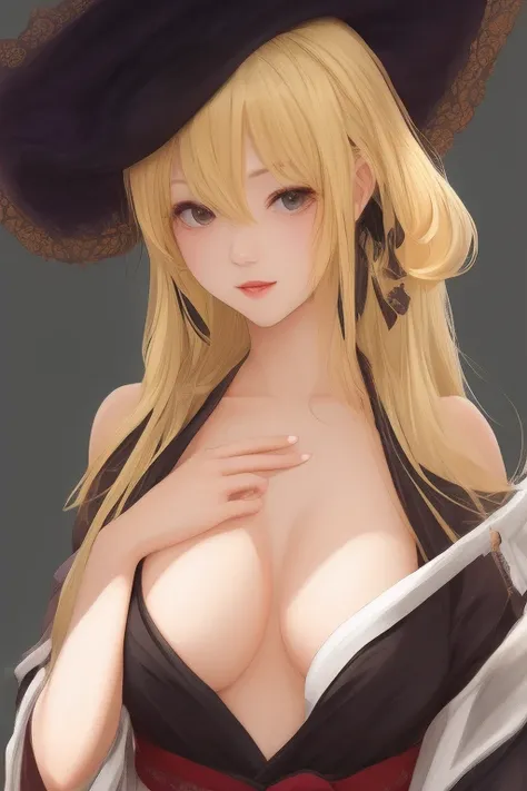 a blond、The long-haired、sorcerer、Black dress、Black tricorn hat、japanes、cute little、爆乳、Marisa Drizzle (Cosplay)、