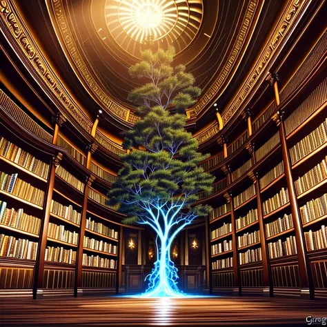 Tree of knowledge
Surrounded by spiraling  old library full vines
medium shot, cinematic interior photo of library beautiful giant tree growing in the middle of an ancient vast Victorian library indoors. With many birds

 Mystic and dream fantasy digital a...