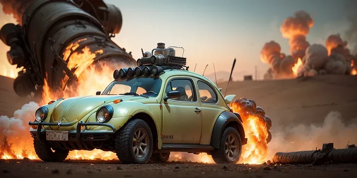 create a Beetle from the movie mad max with a fuel truck explosion in the background