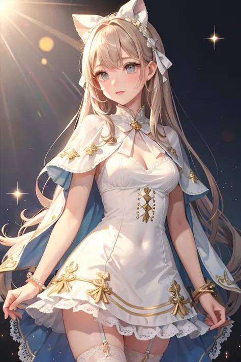 1girl, looking_at_viewer, Bishojo, eyes, eyelashes, blush, forehead, waving very long hair ribbon, lace_trim capelet, with white see-through_dress, thighlet, parted_lips, cowboy_shot, gold_trim, jewelry,glint, sparkle, light_rays lens_flare light_particles...