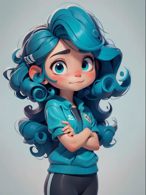 Cute little girl s。curlies。Large turquoise colored eyes。Exaggerated expressions。sporty attire。clean backdrop。