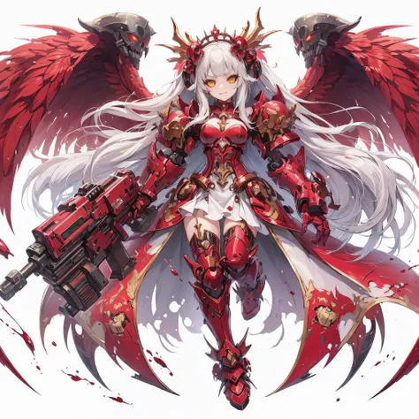 (masutepiece, best quality), ultra-detailed, anime style, devil girl full body, blood red power armor, warhammer 40k, white hair...