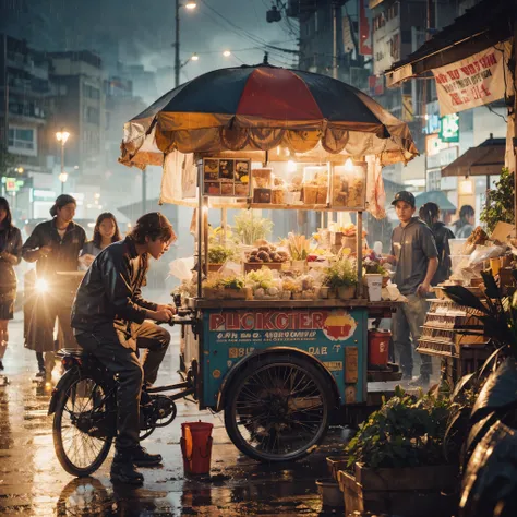 Young people are enthusiastic about working when it rains, realistic lo-fi cinematic