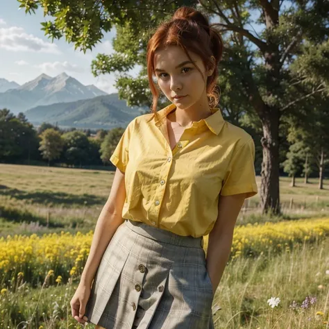 1girl, pretty face, 18 years old, red hair, hair in a bun, hair ver neat, yellow shirt, bright yellow button-down top, school girl brown skirt BREAK standing, holding book, open meadow, forest, mountains in background