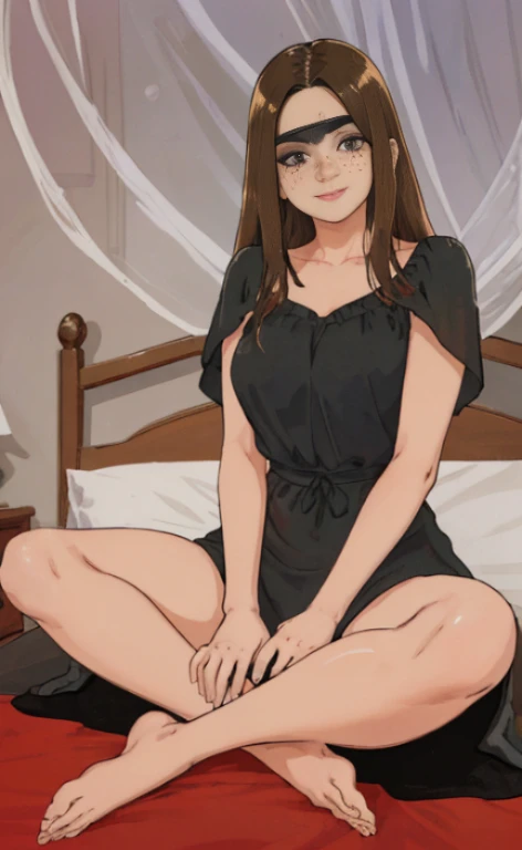 a 23 years old brunette woman wearing a black sleepmask as a blindfold and a black spaghetti top,  calm smile, freckles, sitting barefoot legs crossed in a bed.