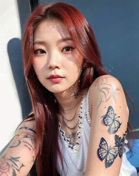 Close-up of a woman with a tattoo on her arm, Cute aesthetic with flutter, ulzzang, Taiwanese girl with tattoos, jinyoung shin, Josie from Blackpink, With tattoos, Very core, jaeyeon nam, With face tattoo, They will finish grilling, With long hair and pier...