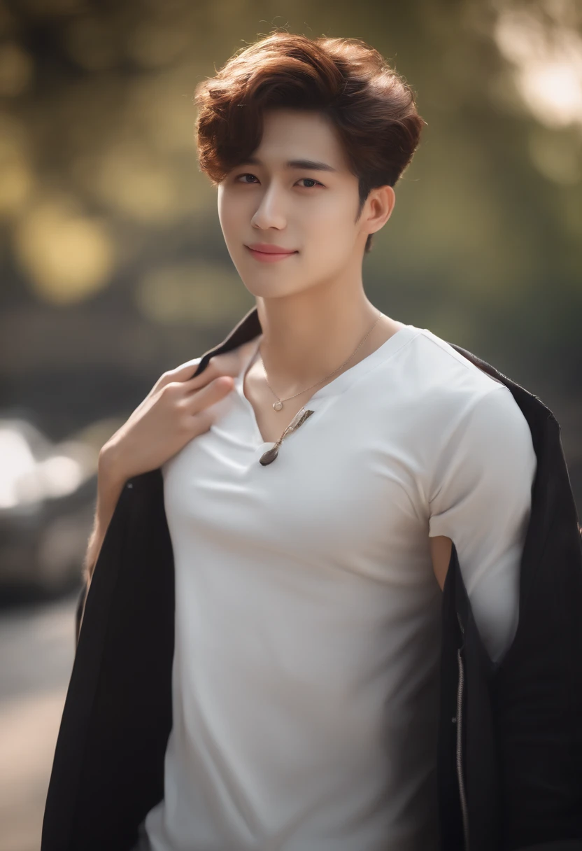 (8k, RAW photo, best quality, masterpiece:1.5), (realistic, photo-realistic:1.4), (extremely detailed 8k wallpaper), sharp focus, perfect body, tall,
bishounen, 1boy, cool, depth of field, blur background, t-shirts,smile, 23years old,brown hair, road