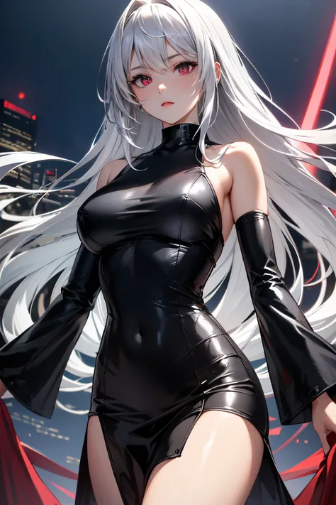 １６k、８k、４k、２０age、Perfect sexy body、Extraordinary Beauty、High Quality, Silver long hair, Red eyes、Coolface, insanely detailed eyes、Mini skirt、full bodyesbian、devilish atmosphere、Near Future City、neons、doress、modeled、body suit、showy、