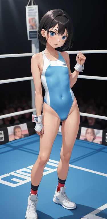 full body photographed、​masterpiece、top-quality、hight resolution、A dark-haired、is standing、weak、light blue high leg cut swimsuit,Light blue sports bikini、white sporty boots、distressed face、Sweaty skin、boxing venue、boxing Ring、tiny chest、（（boxing Ring））、（（t...