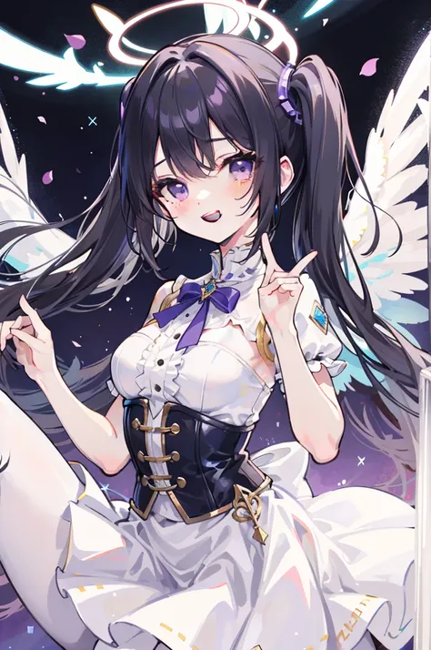 solo, dynamic pose, bust up, flying, white skirt, white pantyhose black hair, twintails, white skirt, corset, halo, delicate face, little girl, medium breast, round eyes, wing on the waist, purple eyes, god ray, smile with grin, happy