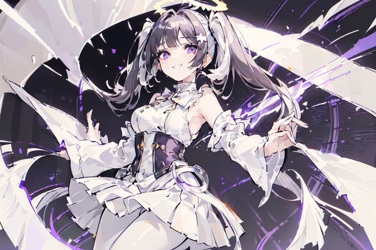 (solo, dynamic pose, bust up, flying, white skirt, white pantyhose black hair, twintails, white skirt, corset, halo, delicate face, little girl, medium breast, round eyes, wing on the waist, purple eyes, god ray, smile with grin, happy:1.4)