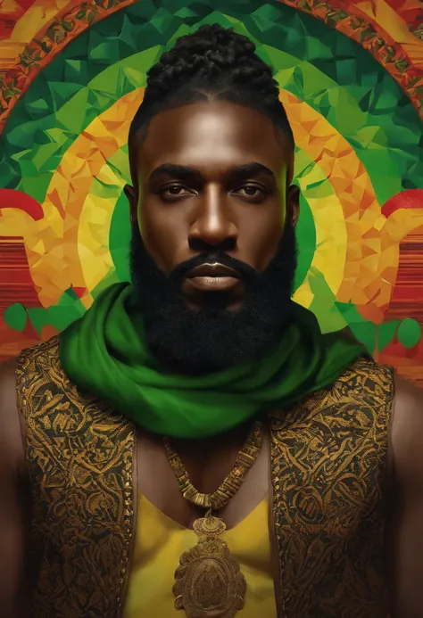 a close-up of a poster of a man with a beard and a painted green face, arte raggae, inspirado em Ras Akyem, Fundo Wakanda, Reggae, retrato africano Jesse Pinkman, Jesus Negro, golpe de mestre, Rasta, Wakanda, arte de alta qualidade, Obra-prima 4k, Obra-pri...