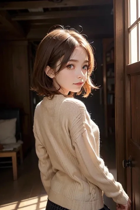 (((masutepiece:1.4, Best Quality)), (1girl in), (Perfect Anatomy), BREAK,  Cute Girl, (hair messy), (Light orange eyes), Small breasts, facing,beige short knit、Rear view、Turn your face