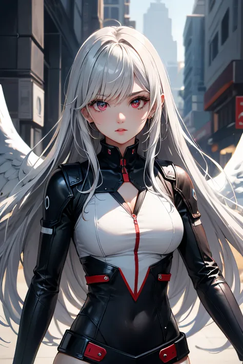 １６k、８k、４k、２０age、Perfect sexy body、Extraordinary Beauty、High Quality, Silver long hair, Red eyes、Coolface, insanely detailed eyes、Mini skirt、full bodyesbian、angelic atmosphere、Near Future City、neons、doress、modeled、body suit、showy、battle suits