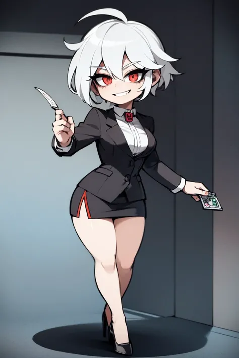 (female monopoly mascot) white hair, hair tied, smiling, chibi cartoon of a business woman (mature, adult) in a top hat and suit, tight skirt, walking_stick, monopoly, capitalist, rich, full body, game_art