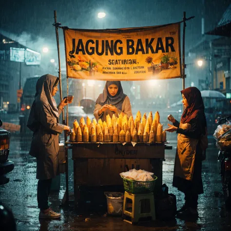 three women wearing hijabs are struggling to sell, heavy rain, realistic cinematic lo-fi. high details