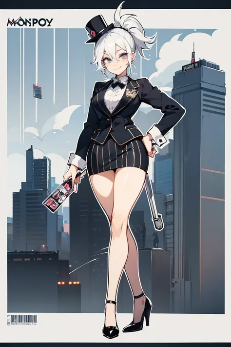 (female monopoly mascot) white hair, hair tied, smiling, chibi cartoon of a business woman (mature, adult) in a top hat and suit, tight skirt, walking_stick, monopoly, capitalist, rich, full body, game_art