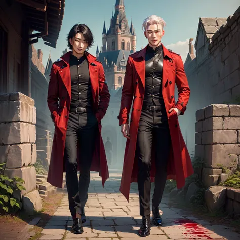 22:46:44 Yin Qi handsome, male people ,Sickly pale smile, Detailed body, Wearing a red trench coat and black shirt with blood splatters, Silvery hair,Evil charm，Full body view of ancient spooky castle in the background