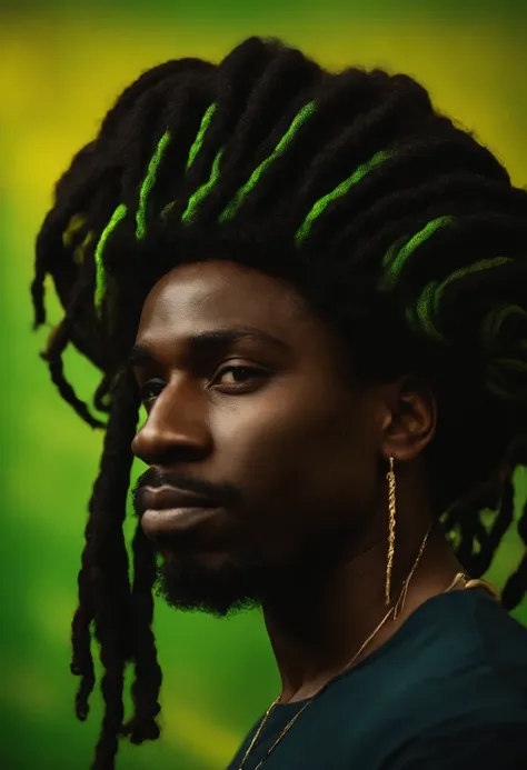 Create a logo with the head of a black man with dreadlocks in black colors, verde, amarelo e vermelho (olhando para a frente) , imagem estilo logomarca , Sober, (fundo preto), Image with resolution of at least 300dpi, UHD 8k, Very high quality for excellen...