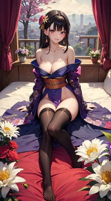 A female with small breasts, slim body, tempting body, nice bare legs, bare tights, bare arms, bare shoulders, nice cleavage, blunt bangs, black hair, silk bed, silk mattress, soft bed, silk, moonlighting, night, flowers hair piece, feathers, particles, li...