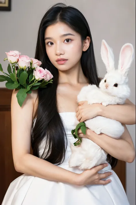 (best quality,4k,15-year-old girl,realistic,face details,yellow big eyes,luscious lips,upturned nose,gray hair with pink strands,wearing white dress,holding a rabbit in her hand,flowers in the background,white butterfly in the foreground,photorealistic,dep...