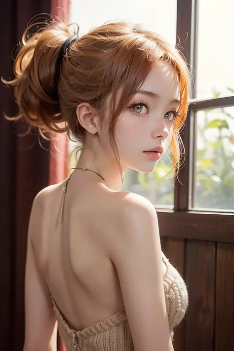 (((masutepiece:1.4, Best Quality)), (1girl in), (Perfect Anatomy), BREAK,  Cute Girl, (hair messy), (Light orange eyes), Small breasts, facing,beige short knit、Rear view、Turn your face