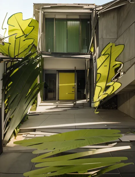 rendering of a house with 2 blocks, rendering of a 2-storey house, rendering of a white house, rendering of green aluminum doors, ventilation with yellow leaves