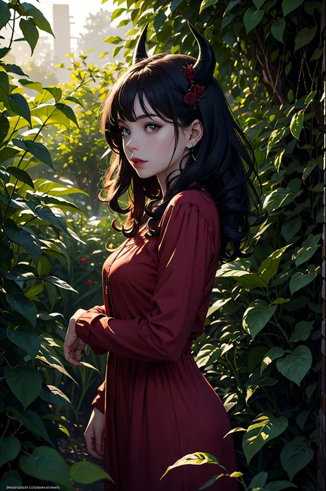 (a)girl,(a)portrait,(best quality,4k,8k,highres,masterpiece:1.2),ultra-detailed,(realistic,photorealistic,photo-realistic:1.37),cute face,red lips,hazel eyes,long black lashes,curly hair with devil horns,bright red devil tail,dark red wings,playful smile,i...