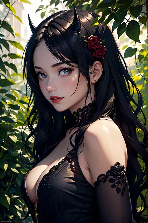 (a)girl,(a)portrait,(best quality,4k,8k,highres,masterpiece:1.2),ultra-detailed,(realistic,photorealistic,photo-realistic:1.37),cute face,red lips,hazel eyes,long black lashes,curly hair with devil horns,bright red devil tail,dark red wings,playful smile,i...