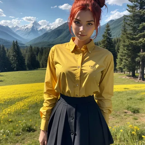 1girl, pretty face, 18 years old, red hair, hair in a bun, low bun, tight bun, hair very neat, yellow shirt, bright yellow button-down top, school girl brown skirt BREAK standing, open meadow, forest, mountains in background