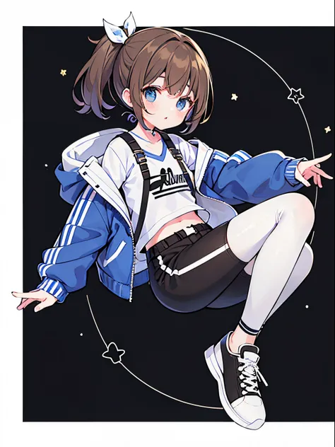 A teenage girl，brown side ponytail，eBlue eyes，punk jacket，punky style，girl，shorter pants，As estrelas，Full body lesbian，athletic sneakers，blackstockings，punky style，〈White background 1::5〉，face expressionless，（（（Brown hair））），Cold，Handsome，（Hand in pocket），...