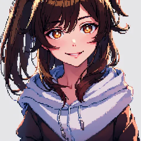 Pixel art, Masterpiece, pix, 1 girl,hu tao, brown hair, Light brown eyes, short detailed hair, hooded, Petite, Small breasts, Face only, Smile, Pursing lips and smiling, Anime style, Cute, Simple background , Contrast background