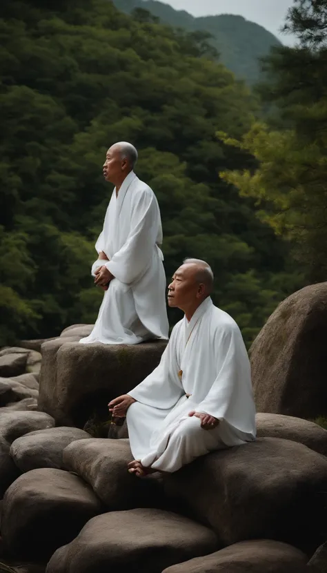 Taoist priests have immortal demeanor，Sitting on the stone in white clothes，forest backgrou