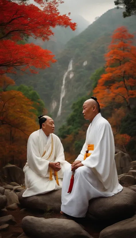 Taoist priests have immortal demeanor，Sitting on the stone in white clothes，forest backgrou