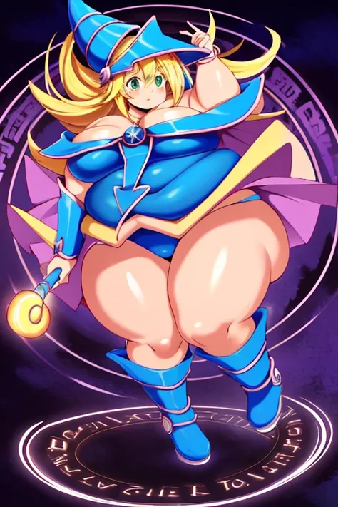 ultra-detailed, extremely detailed, masterpiece, highest quality, best quality, absurdres, highres, dark magician girl, (1girl:1.2), solo, detailed face, dynamic pose, hair flow, (full body:1.1),  blonde hair, long hair, looking at viewer, green eyes, skin...