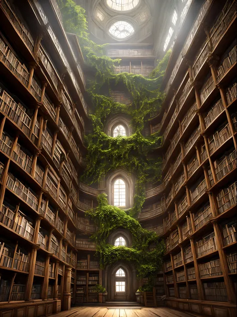 medium shot, cinematic interior photo of library beautiful giant tree growing in the middle of an ancient vast Victorian library indoors.Tree of knowledge
Surrounded by spiraling  old library full vines
Mystic and dream fantasy digital art, fantasy style a...