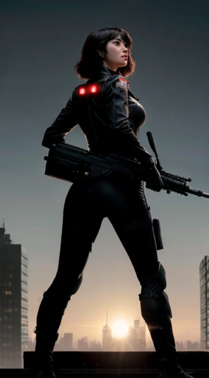 (mastrepiece:1.2,best quality,ultra detailed,powerful backlight:1.3,silhouette:1.45),, , //character, 1 solo Female  mercenary,Ghost in the Shell kusanagi motoko,One eye glowing red:1.2,Facial expression Murderous look,Looking down on the city.black lether...